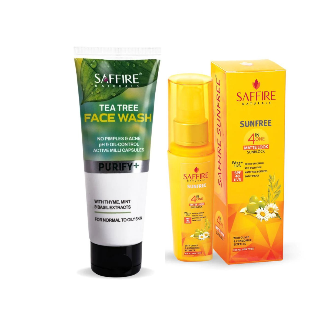 Tea Tree Face Wash & SPF 40 Sunblock Matte Sunscreen Combo, Remove Pimples Naturally & Stay Protected from Sun